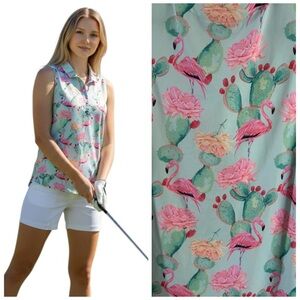 Bad Birdie Sleeveless Flamingo & Cactus Polo in Mint and Pink